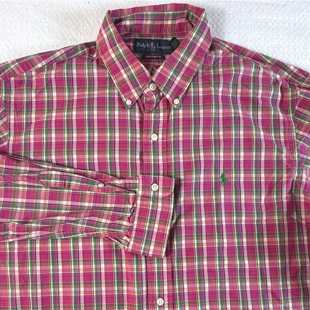 Ralph Lauren Plaid Button Down Mens XL Pink Green Custom Fit Long Sleeve Shirt